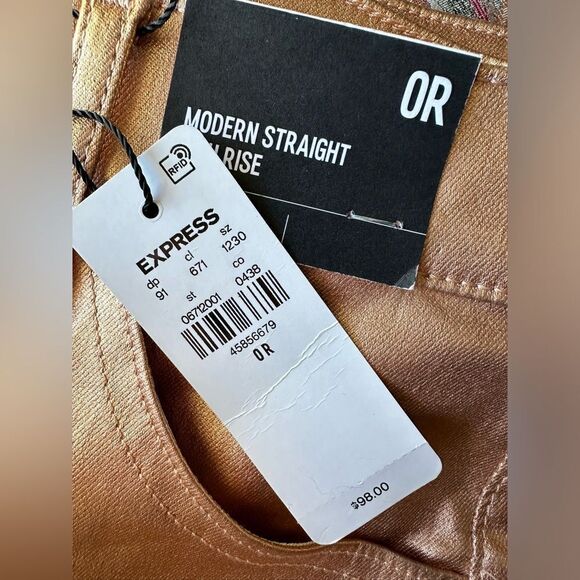 NWT EXPRESS SIZE 0 High Waisted Metallic Coated Modern Straight Jeans rose gold - Picture 4 of 7